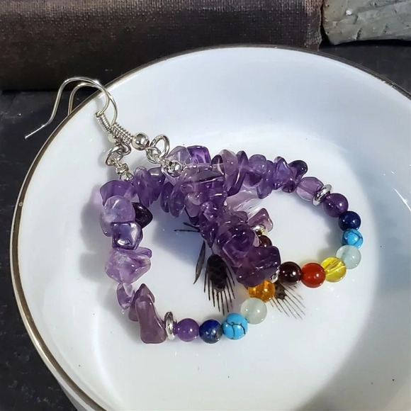 Amethyst 7 Chakras Yoga Om Zen Mindful Gemstone Beads Teardrop Earrings - Picture 8 of 10